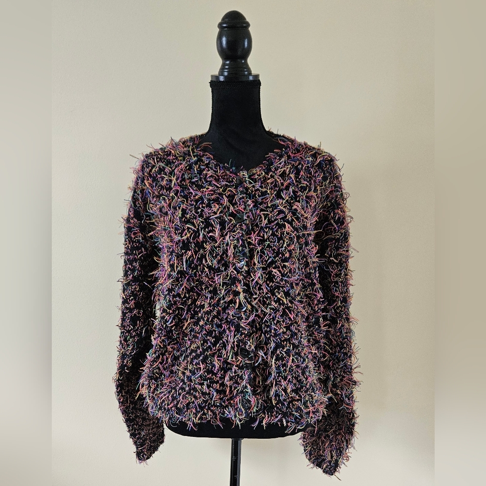 VTG 90s Y2K Mixit 3D Shaggy Fringe Eyelash Sweater Colorful Cardigan Medium